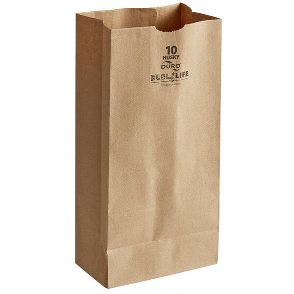 A brown Duro paper bag with black text that reads "10 lb."