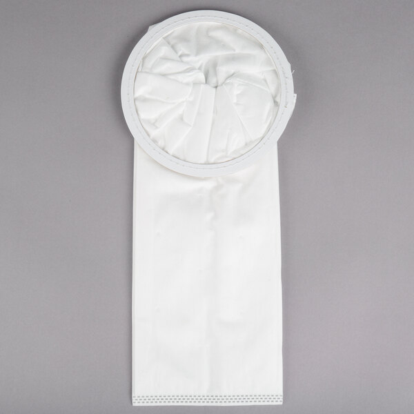 A white cloth ProTeam vacuum bag with a round white HEPA label.