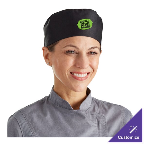 A woman wearing a black Choice chef's hat with a mesh top.