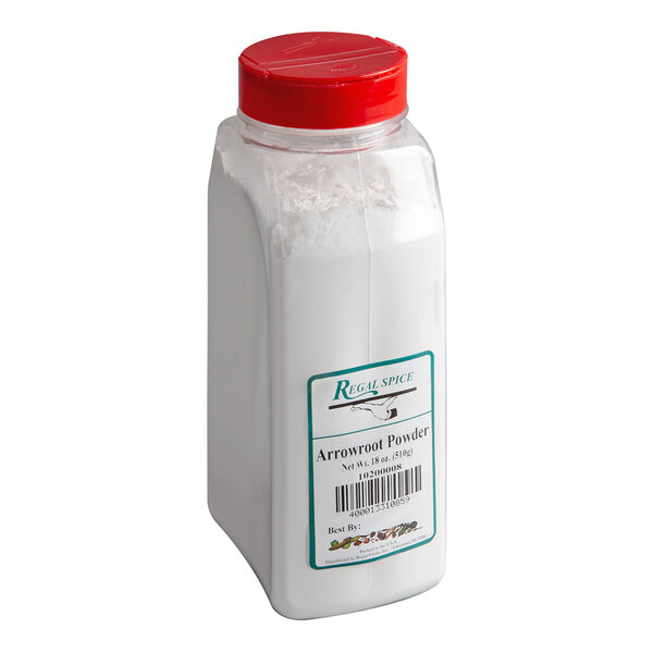 A white plastic container of Regal Arrowroot Powder with a label.
