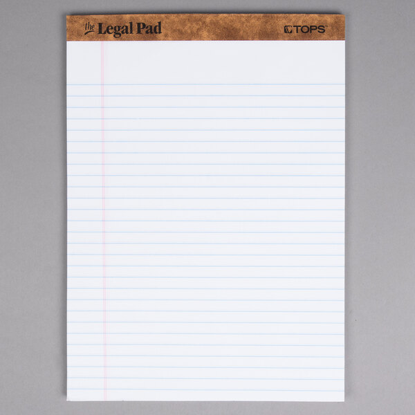 A white TOPS legal pad with lined paper.