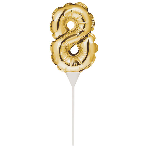 A white pole with a gold foil number 8 balloon on top.