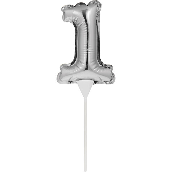 A silver balloon shaped like the number one on a white stick.