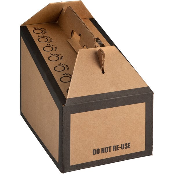 A brown and black Bagcraft Packaging JavaPac coffee take out container box with a hole in the top.