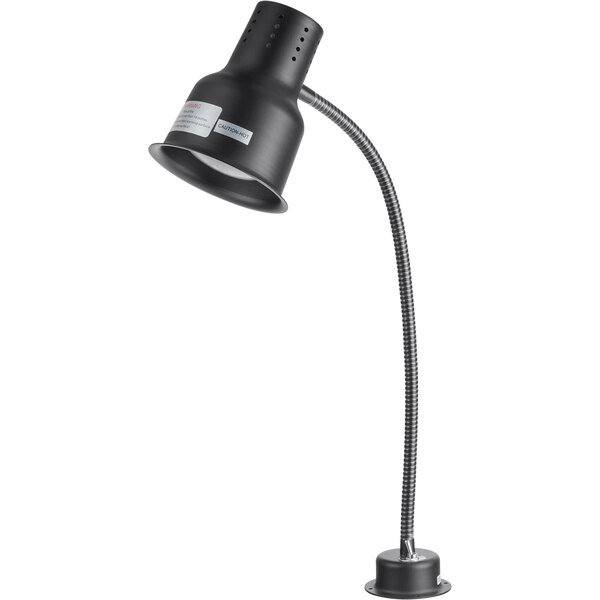 An Avantco black countertop bulb warmer heat lamp with a flexible arm.
