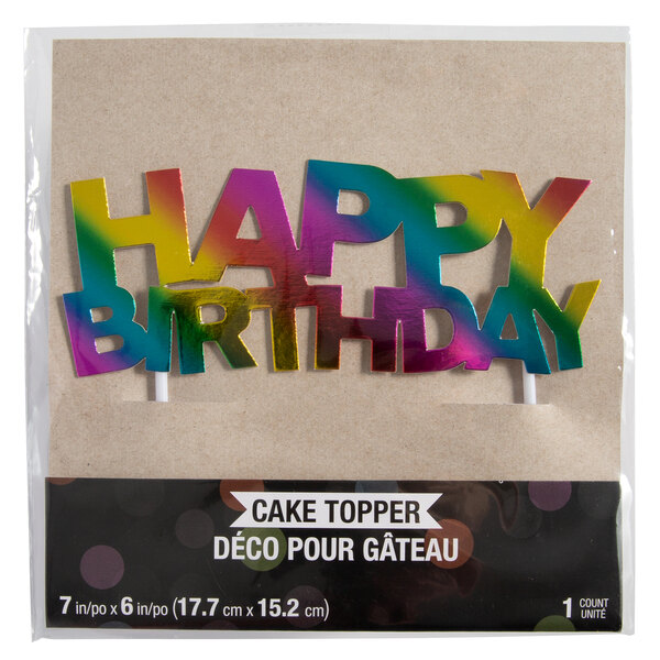A package for a rainbow "Happy Birthday" cake topper.