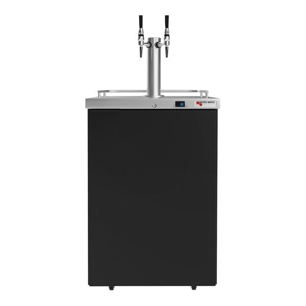 A black and silver rectangular Micro Matic Americano cold brew coffee dispenser with 2 taps.