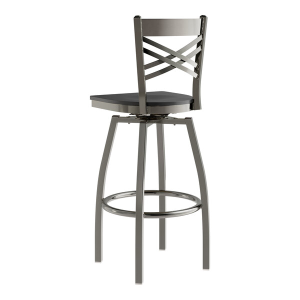A Lancaster Table & Seating black and silver bar stool with a black wood seat.