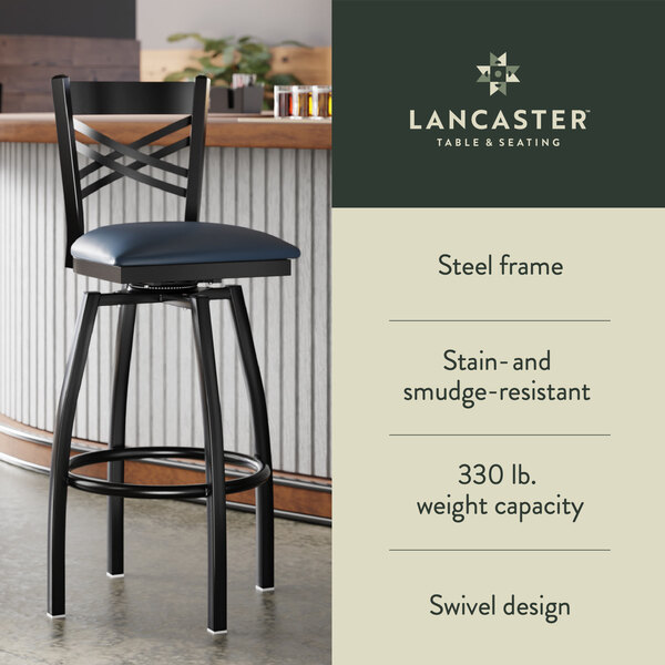 Graphic showing a navy seat bar stool with black frame, capacity, and swivel features.