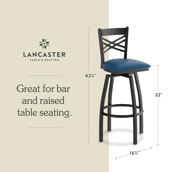 Graphic showing a navy seat bar stool with dimensions for bar and raised table seating.