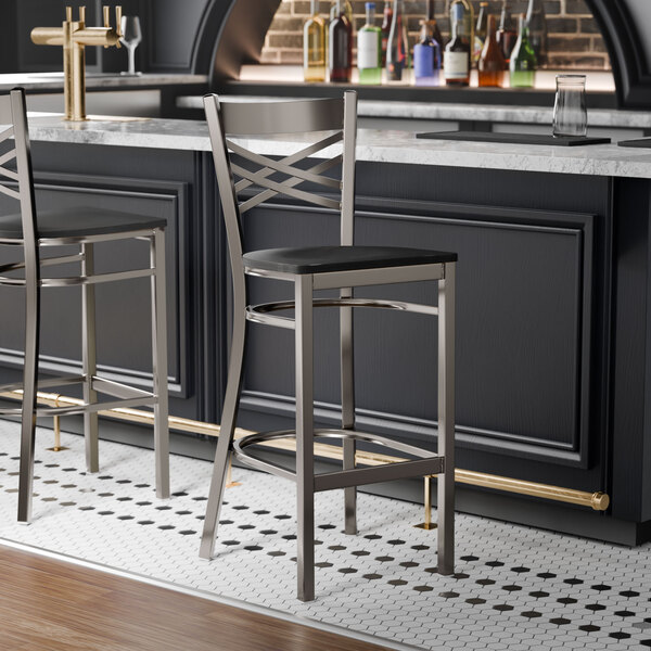 Lancaster Table & Seating Clear Coat Finish Cross Back Bar Stool with Black Wood Seat