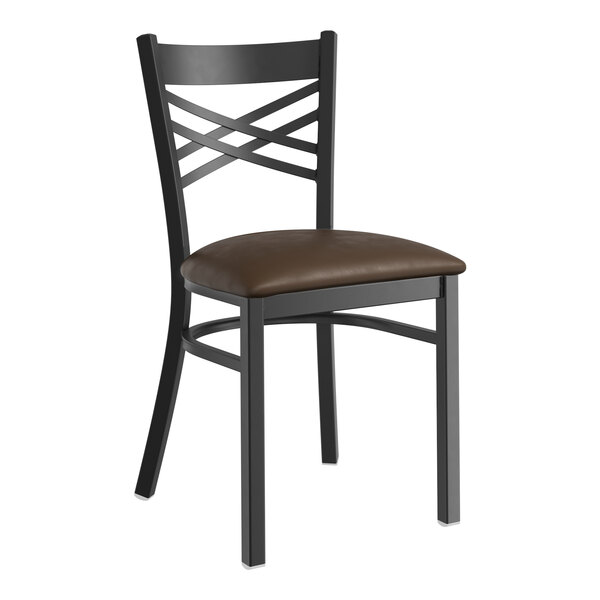 Lancaster Table & Seating Black Finish Cross Back Chair with 2 1/2 Dark  Brown Vinyl Padded Seat - Assembled