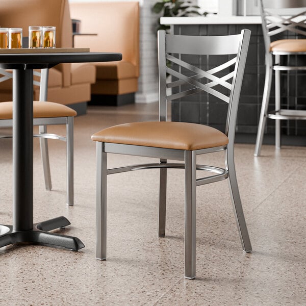 Lancaster Table & Seating Clear Coat Finish Cross Back Chair with 2 1/2" Light Brown Vinyl Padded Seat - Detached Seat