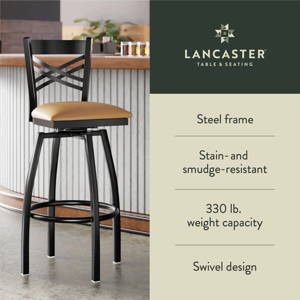 Graphic showing a light brown seat bar stool with black frame, capacity, and swivel features.