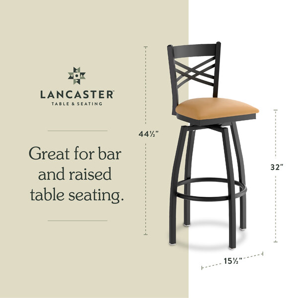Graphic showing a light brown seat bar stool with dimensions for bar and raised table seating.