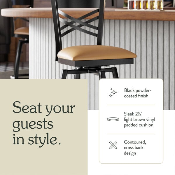 Graphic showing a light brown seat bar stool with black frame and construction details.