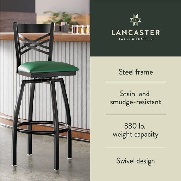 Graphic showing a green seat bar stool with black frame, capacity, and swivel features.
