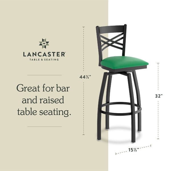 Graphic showing a green seat bar stool with dimensions for bar and raised table seating.