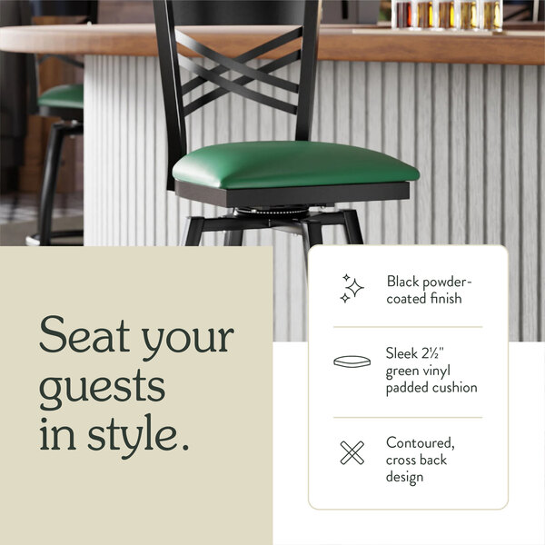 Graphic showing a green seat bar stool with close-ups of its black frame and seat construction.