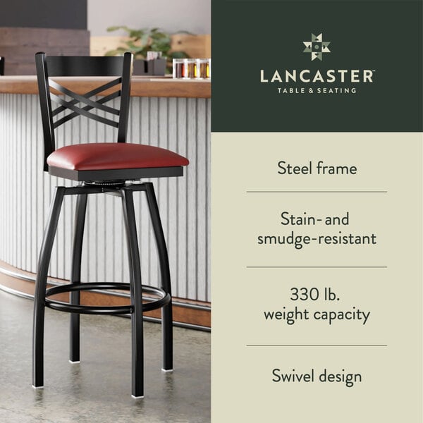 Graphic showing a burgundy seat bar stool with black frame, capacity, and swivel features.