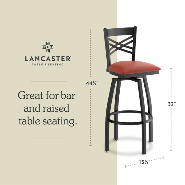 Graphic showing a burgundy seat bar stool with dimensions for bar and raised table seating.