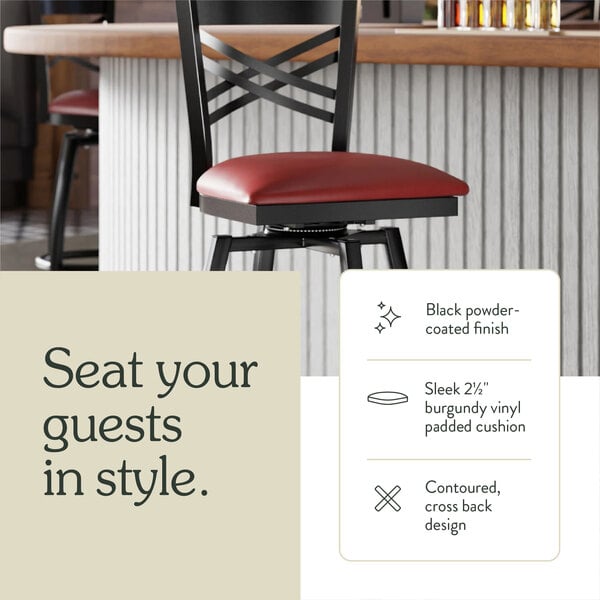 Graphic showing a burgundy seat bar stool with close-ups of black frame and seat construction.