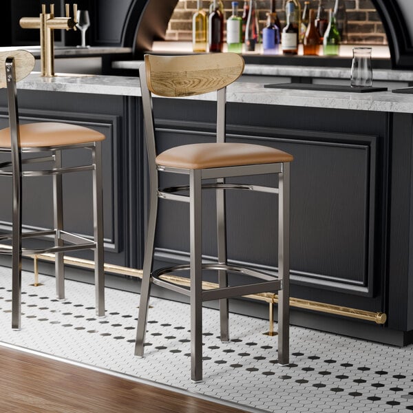 Lancaster Table & Seating Boomerang Clear Coat Finish Bar Stool with Light Brown Vinyl Seat and Driftwood Back