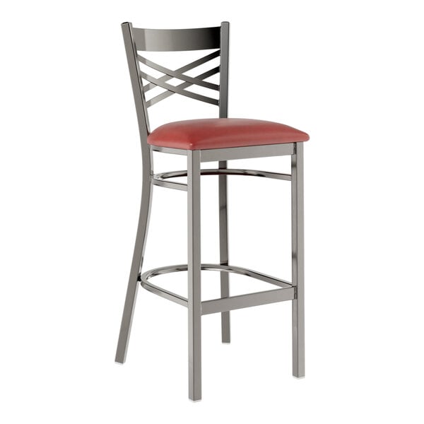 Lancaster Table & Seating Clear Coat Finish Cross Back Bar Stool with 2 1/2" Burgundy Vinyl Padded Seat - Assembled