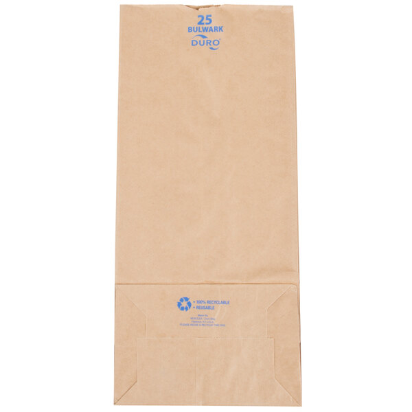 A brown paper bag with blue writing that says "Duro Bulwark"