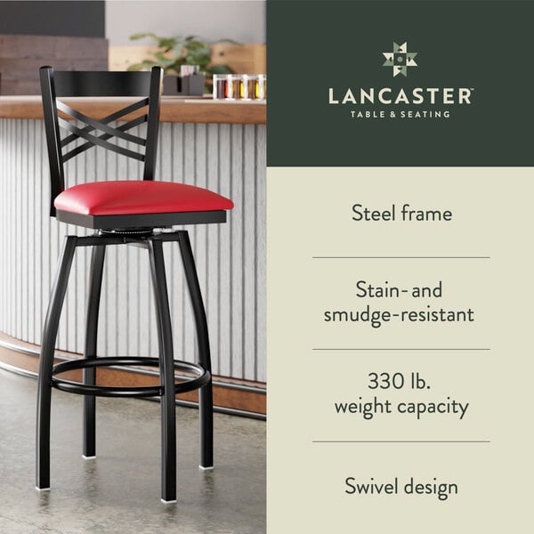 Graphic showing a red seat bar stool with black frame, capacity, and swivel features.