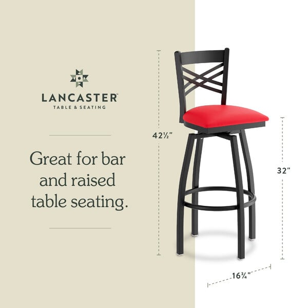 Graphic showing a red seat bar stool with dimensions for bar and raised table seating.