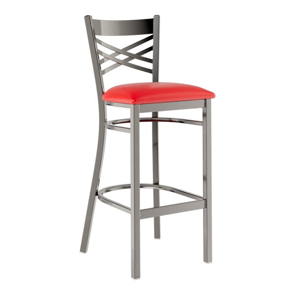 Lancaster Table & Seating Clear Coat Finish Cross Back Bar Stool with 2 1/2" Red Vinyl Padded Seat