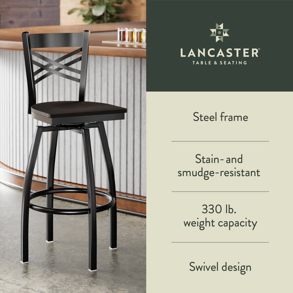Graphic showing a black wood seat bar stool with black frame, capacity, and swivel features.