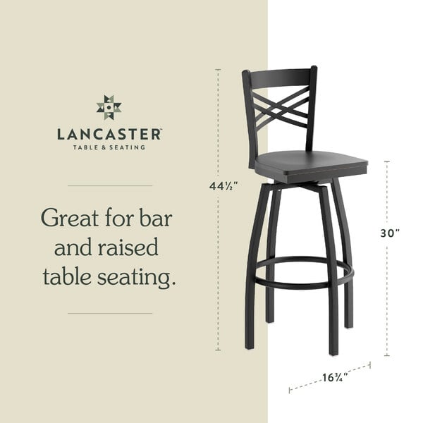 Graphic showing a black wood seat bar stool with dimensions for bar and raised table seating.