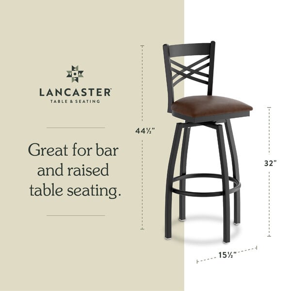 Graphic showing a dark brown seat bar stool with dimensions for bar and raised table seating.