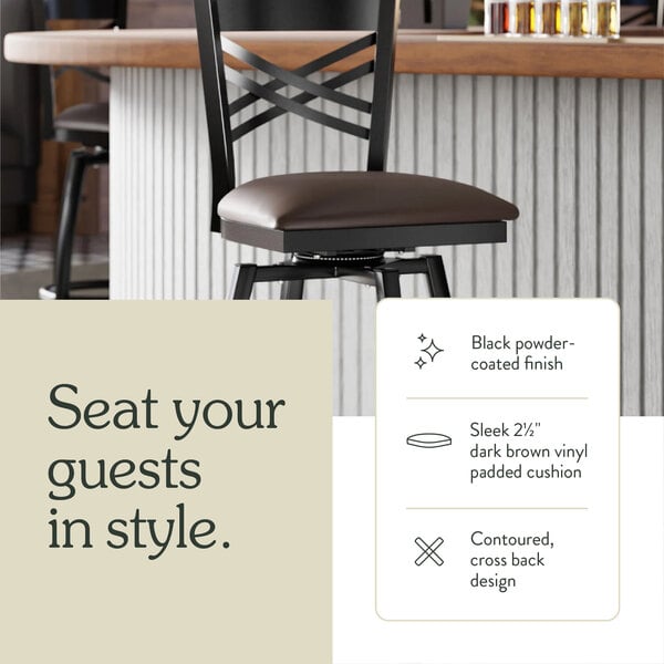 Graphic showing a dark brown seat bar stool with close-ups of black frame and seat construction.