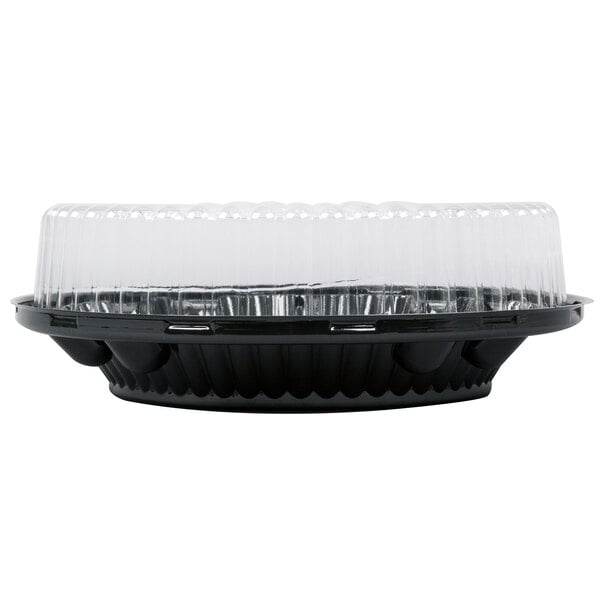 A D&W Fine Pack black plastic pie container with clear high dome lid.