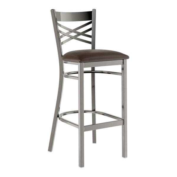 A Lancaster Table & Seating metal bar stool with dark brown vinyl padded seat.