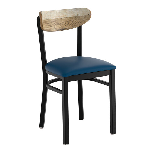 A black metal chair with a navy vinyl seat and a driftwood-finished wooden backrest.