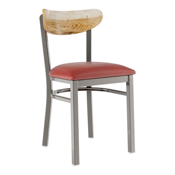 A Lancaster Table & Seating wooden chair with a red vinyl seat and driftwood back.