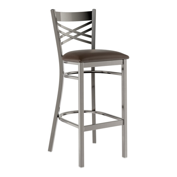 A Lancaster Table & Seating metal bar stool with a dark brown vinyl cushion on the seat.