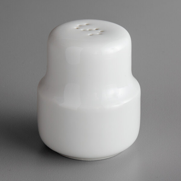 A Oneida Royale bright white porcelain salt shaker with a lid.