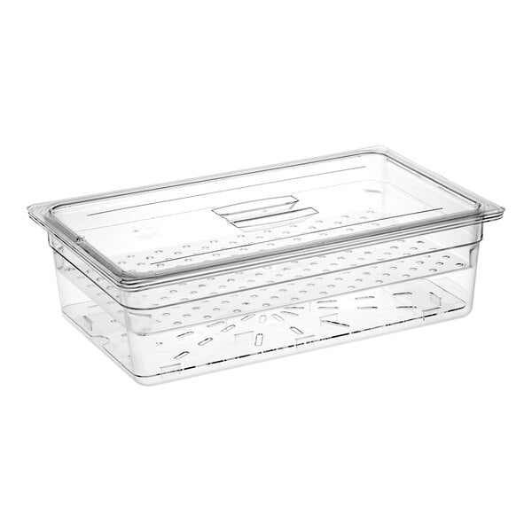A clear plastic Cambro food pan with a lid.