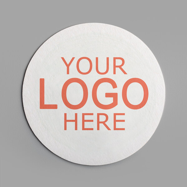 A white round coaster with red text that says "Your Logo Here"