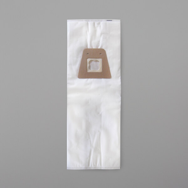 A white square Eureka vacuum bag with a hole in it.
