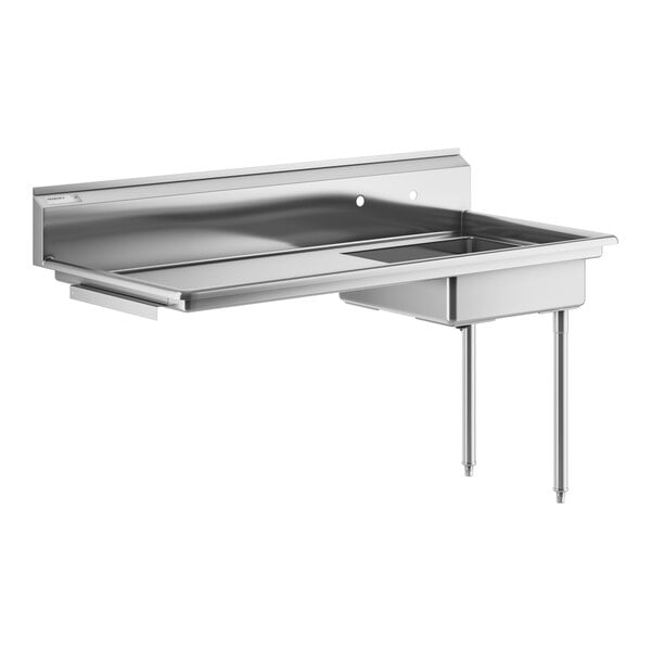 A Regency stainless steel dishtable with right drainboard and shelf.