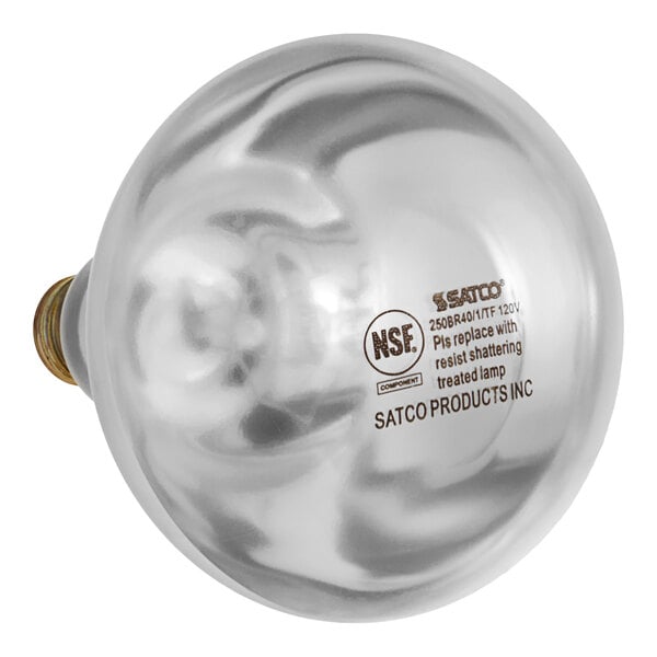 A close-up of a Satco clear heat shatterproof rough service light bulb with a silver base.