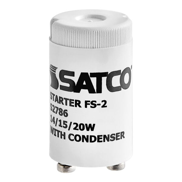 A white cylindrical Satco FS-2 fluorescent lamp starter with black text.