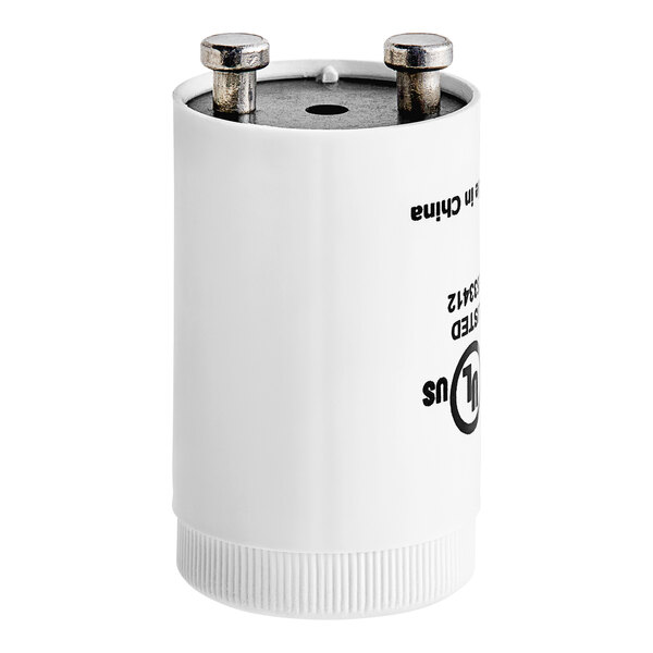 A white cylinder with metal screws.