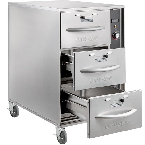 A stainless steel ServIt drawer warmer with three narrow drawers.